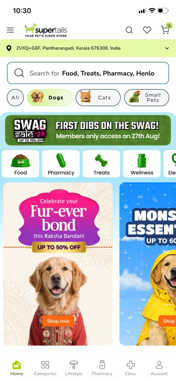 Supertails app homepage with pet switcher
